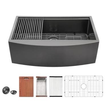 Imagem de Mocoloo Pia de fazenda preta 33 84 x 56 cm, avental frontal para estação de trabalho, aço inoxidável, calibre 16, aço inoxidável, calibre 16, pia de cozinha feita à mão