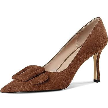 Imagem de Divanne Sapatos de salto alto, salto alto, fivela, camurça, bico fino, sem cadarço, para vestido de festa, Camurça marrom, 41