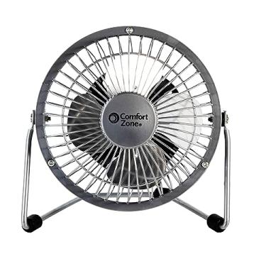 Imagem de Comfort Zone Ventilador de mesa de 10 cm todo em metal com USB ou cabo de alimentação, velocidade única, inclinação ajustável de 360 graus, mini ventilador elétrico compacto e durável para uso