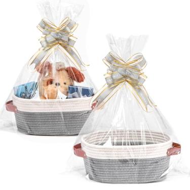 Imagem de CHEPULA Pacote com 2 cestas de tecido com sacos de presente e fitas, cesta de presente vazia para organizador de chá de bebê, presentes de Natal, casamento, cesta de armazenamento para berçário