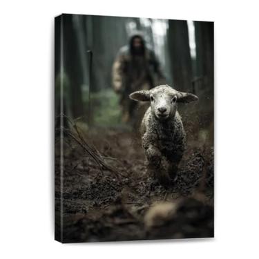 Imagem de Jesus Running After Lost Lamb Canvas Wall Art Religioso Natal Decoração de parede Jesus e Cordeiro Pintura para decoração de casa Presentes de batismo para meninos e meninas oração serenidade