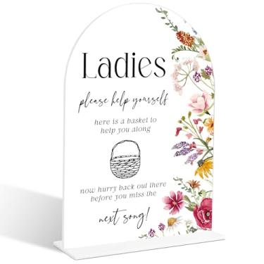 Imagem de Ladies Please Help Yourself Sign, sinais de casamento para recepção, placa de casamento de acrílico arco floral, decorações de chá de panela, suprimentos de cesta de banheiro de casamento para festa