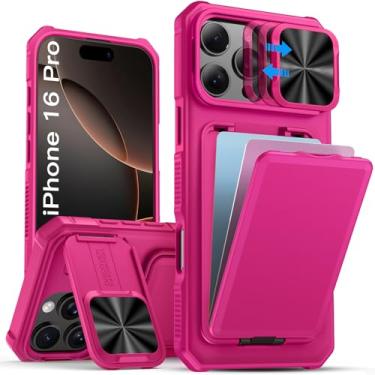 Imagem de SSLOTSCASE Capa para iPhone 16 Pro com suporte para cartão, suporte para câmera, suporte e capa de lente de câmera deslizante, capa protetora robusta para iPhone 16 Pro de 6,3 polegadas 5G 2024, rosa