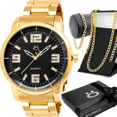 Imagem de relogio aço masculino dourado + pulseira + cordao + caixa inoxidável s