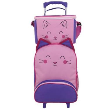 Imagem de Kit Mochila Escolar Infantil De Rodinhas Gato Rosa Lancheira Térmica M
