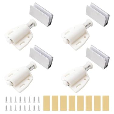 Imagem de UFURMATE Fechos de trava de porta de vidro magnético de montagem adesiva, 4 conjuntos de trava de porta de vidro único aberto com braçadeira de armário, adequado para vidro de 3 a 6 mm (prata e branco