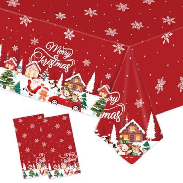 Imagem de KFJBPB Pacote com 2 toalhas de mesa de Natal descartáveis, 137 x 272 cm, rena vermelha, floco de neve, toalha de mesa retangular para decoração de festas de Natal