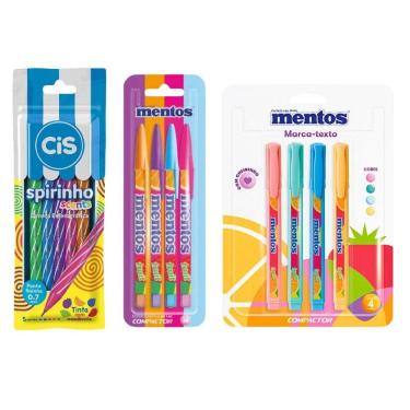Imagem de Kit Caneta Jet Lux Mentos + Marca Texto Mentos Com Cheirinho + Caneta Mini Spirinho