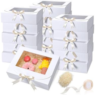 Imagem de LemonRoad 15 caixas de presente com tampas, janela branca com fita e papel enrugado, caixas de biscoito de bolo de Natal grande caixa de presente para presentes de casamento, embalagem, aniversário