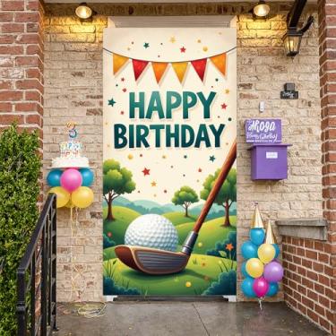 Imagem de Capa de porta de feliz aniversário de golfe, decorações coloridas para festas de aniversário, placa de varanda pendurada para mulheres, crianças, meninas, meninos, homens, aniversário, chá de bebê