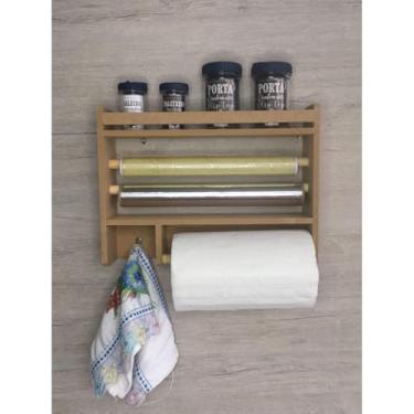 Imagem de Suporte porta tempero cozinha condimentos organizador 3 em 1 papel toalha filme aluminio parede madeira
