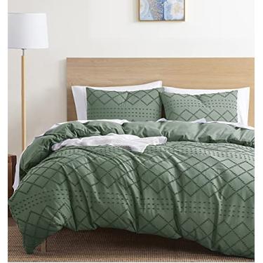 Imagem de Nestl Conjunto de capa de edredom boho queen tufado com enchimento alternativo acolchoado – verde diamante – Conjunto de 4 peças texturizado inclui capa de edredom com enchimento e 2 fronhas