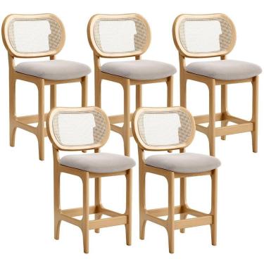 Imagem de Kit 5 Banquetas Baixa Bar Cozinha Sala De Jantar Betta L02 Mel Tela Bouclê Creme - Lyam Decor
