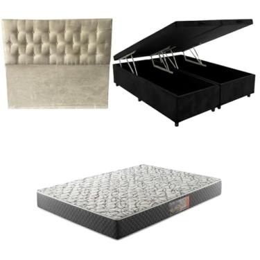 Imagem de Cama Box Baú Bipartida Blindada com Colchão de Espuma D33 20cm + Cabeceira Botonê (SUEDE PRETO, Queen)