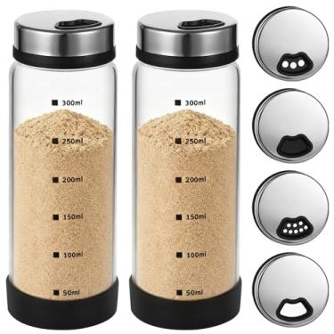 Imagem de 2 peças de saleiro e pimenteiro, frascos de tempero de vidro de 350 ml com orifícios ajustáveis, dispensadores de especiarias com bases de silicone antiderrapantes, potes de tempero com tampas de aço