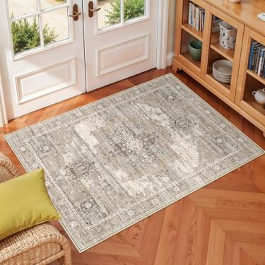 Imagem de RUUGME Tapete de entrada lavável bege: tapetes 3x4 para entrada cozinha banheiro interno - tapetes macios resistentes a manchas tapete de decoração de piso envelhecido 3x4 bege