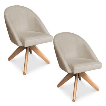 Imagem de Kit 02 Poltronas Cadeira Giratória Bela Suede Bege Base De Madeira - Pallazio