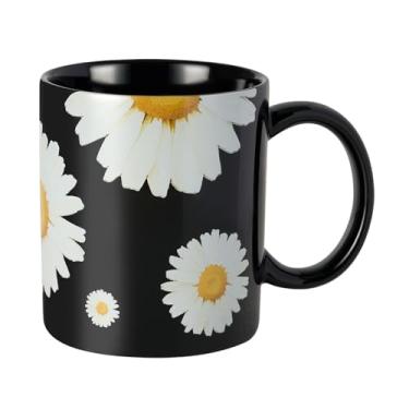 Imagem de XQJH Caneca de cerâmica preta floral margarida de 340 g, caneca para café e chá diários, caneca de café sem chumbo para micro-ondas e lava-louças, presentes perfeitos para mulheres e homens