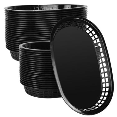 Imagem de JUYUANFENGGOU 70 cestas de plástico preto ovais para alimentos 26 × 19 cm cestas de plástico para alimentos para frango frito, hambúrguer, batatas fritas, cachorro-quente, piquenique de reunião de