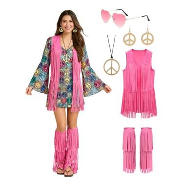 Imagem de 6 peças de roupas de vaqueira ocidentais retrô para mulheres, colete com franja, chapéu de vaca para mulheres, hippie dos anos 70 (rosa hippie, M)