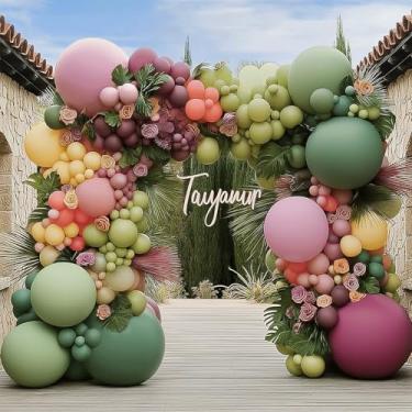 Imagem de Kit de arco de balões verde-sálvia, rosa e amarelo, conjunto de guirlanda de balões pastel de enchimento duplo com verde sálvia malva rosa empoeirado maca amarelo ameixa balões para festa de