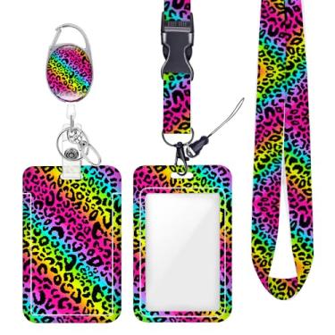 Imagem de Cordão de crachá colorido arco-íris neon leopardo para crachá para crachás de identificação, protetor de trabalho, clipes de mosquetão retráteis, cordão de chave resistente para mulheres, enfermeiras