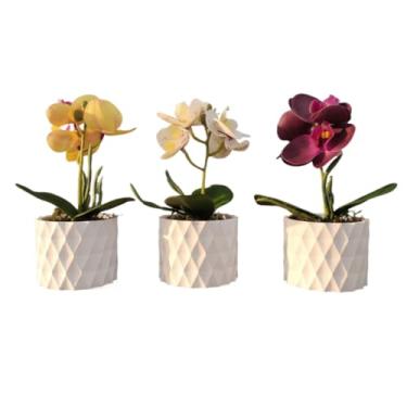 Imagem de Vaso kit 3 prismas com mini orquídeas artificiais arranjadas(Branco)