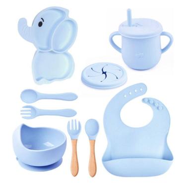 Imagem de Kit Introdução Alimentar Bebê Silicone Prato Talher 10 Peças Azul