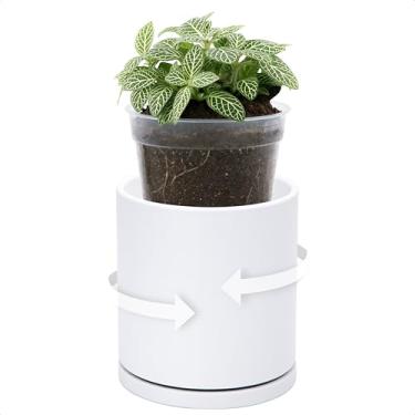 Imagem de D'vine Dev Conjunto de plantador de camada dupla – Cachepot de plástico rotativo com forro interno transparente para a saúde das raízes, perfeito para plantas de interior, 11,4 cm, branco, 73-U-A-1