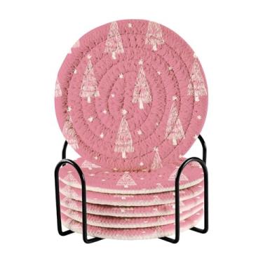 Imagem de Blueangle Porta-copos de árvore de Natal rosa de 6 peças - tecido redondo super absorvente para proteção de mesa e decoração de casa (243)