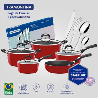 Imagem de Jogo De Panelas Mônaco Tramontina Vermelho 5 Peças E Faqueiro Buzios 2