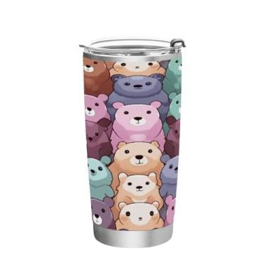 Imagem de Wassud Copo fofo com estampa de ursos de bebê de 590 ml com tampa e canudo, copo isolado a vácuo de parede dupla de aço inoxidável, caneca de café de viagem para bebidas frias e quentes