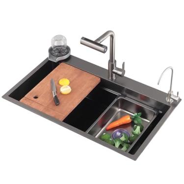 Imagem de PVXMQFFA Cozinha Hotel Apartamento Cozinha Pia de Aço Inoxidável Prepare Sifão Tanque Bar Pia com Torneira e Lavadora de Copos Lava-Louças Pias de Piscina de Água (Cor: Aço Preto, Tamanho: 80 * 48