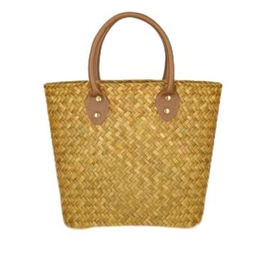 Imagem de Bolsa Boho de palha com alças de couro - Bolsa de praia de vime natural para o verão