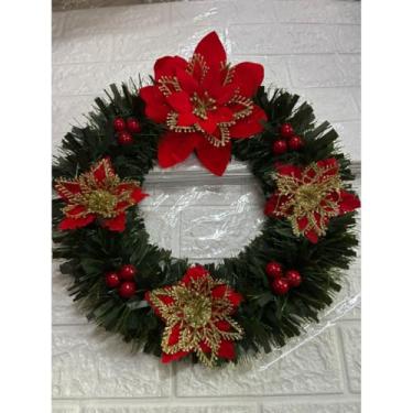 Imagem de Guirlanda de Natal com Laço Vermelho para Porta – Enfeite Natalino 25~35cm(25cm,enfeitado flor vermelho)