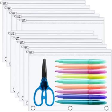Imagem de Lincia Bolsa de lápis transparente para fichário de 3 anéis com zíper de metal, 3 argolas para fichário, bolsa de 25 x 18 cm, envelope visível para dinheiro com ilhós reforçados, material de