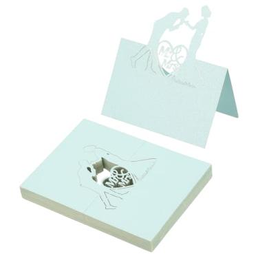 Imagem de PATIKIL 50 peças de cartões de casamento, cartões de nome, papel com glitter, cartão de lugar de casamento, etiquetas dobradas para mesa, buffet, recepção, jantar, festa, azul claro