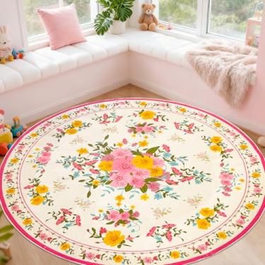 Imagem de Lacomfy Tapete floral Boho - Tapete redondo lavável de 1,5 m, flores rosa amarelas, tapete de área rústico circular para quarto de meninas e crianças, sala de estar, casa de fazenda, tapete retrô