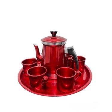 Imagem de Kit jogo de bule com 6 xícaras e bandeja café chá alumínio retro prêmio(Vermelho verniz)