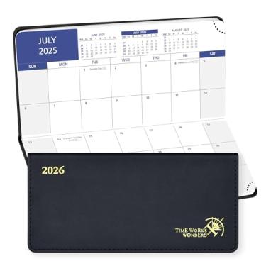 Imagem de POPRUN Calendário mensal de bolso 2025-2026, tamanho fino 8,3 x 17 cm, agenda mensal pequena de 18 meses com cantos destacáveis para bolsa, capa macia de couro PU - Preto