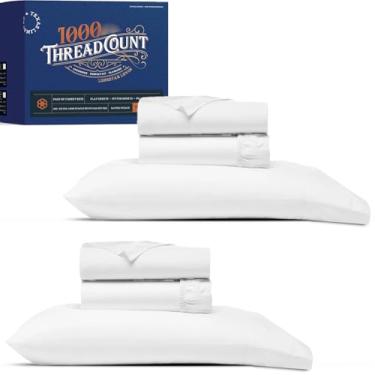 Imagem de TEXAS LINEN CO. Jogo de lençol solteiro 100% algodão egípcio com 2 - Jogo de lençol solteiro luxuoso de alta contagem de fios (6 peças, branco), lençóis macios sedosos para dormitório universitário