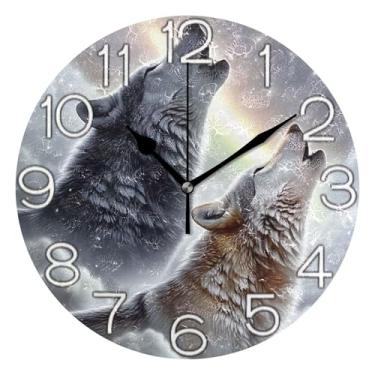 Imagem de GAIGEO Wolves Snow Winter White Relógio de parede decorativo analógico sala de aula relógio de escritório redondo sem tique-taque silencioso, retrô moderno art déco decoração de parede, 25 cm