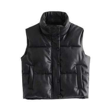 Imagem de Colete Feminino De Couro PU Preto Outono Inverno Com Gola Alta E Zíper