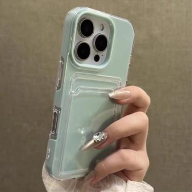 Imagem de Capa para celular com porta-cartões para iPhone 16, 15, 14, 13, 12 Pro Max e 11, na cor Candy Color. Capa protetora transparente e macia, estilo carteira, resistente a impactos, na cor ciano, para iP