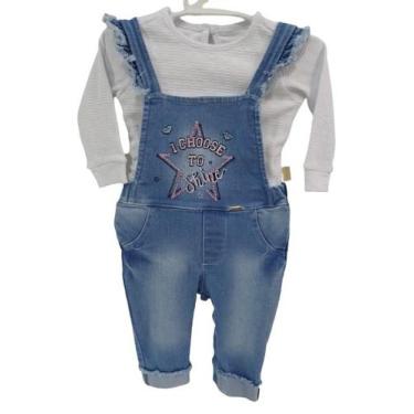 Imagem de Macacão Jardineira Jeans Bebê Menina + Body Paraiso Rf 12978, Branco, 