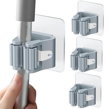Imagem de Pacote com 4 adesivos sem broca, suporte para esfregão e vassoura, organizador de banheiro que economiza espaço com clipes adesivos fortes, rack de armazenamento de plástico para escova de banheiro