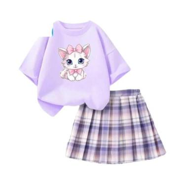 Imagem de Conjunto De Verão Para Meninas: Camiseta Rosa Com Laço E Saia Xadrez, 