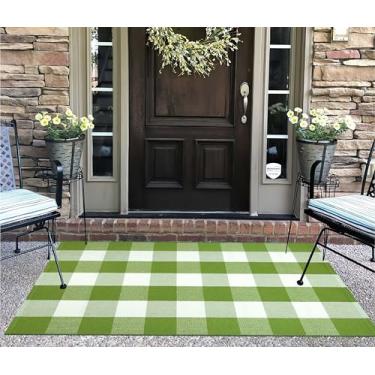 Imagem de Tapete verde e branco para ambientes externos 70,5 x 109 cm Buffalo Checked Alpendre Tapete de algodão lavável em camadas para porta de boas-vindas Tapete de porta de entrada quarto sala de estar