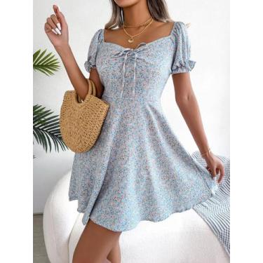 Imagem de Vestido Mini Floral Com Babados Para Mulheres, Primavera Verão, Gola Q