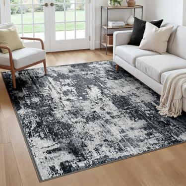 Imagem de RELEANY Tapetes laváveis quadrados de 1,8 m antiderrapantes modernos abstratos macios para sala de estar, entrada, quarto, berçário, estampa impressa, preto e cinza